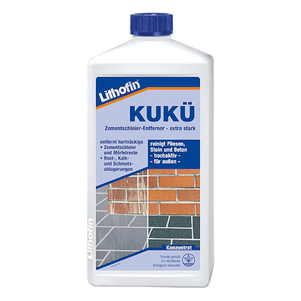 Fles Lithofin CEMENT-AWAY, krachtige cementsluierverwijderaar voor steen- en betonnen oppervlakken.