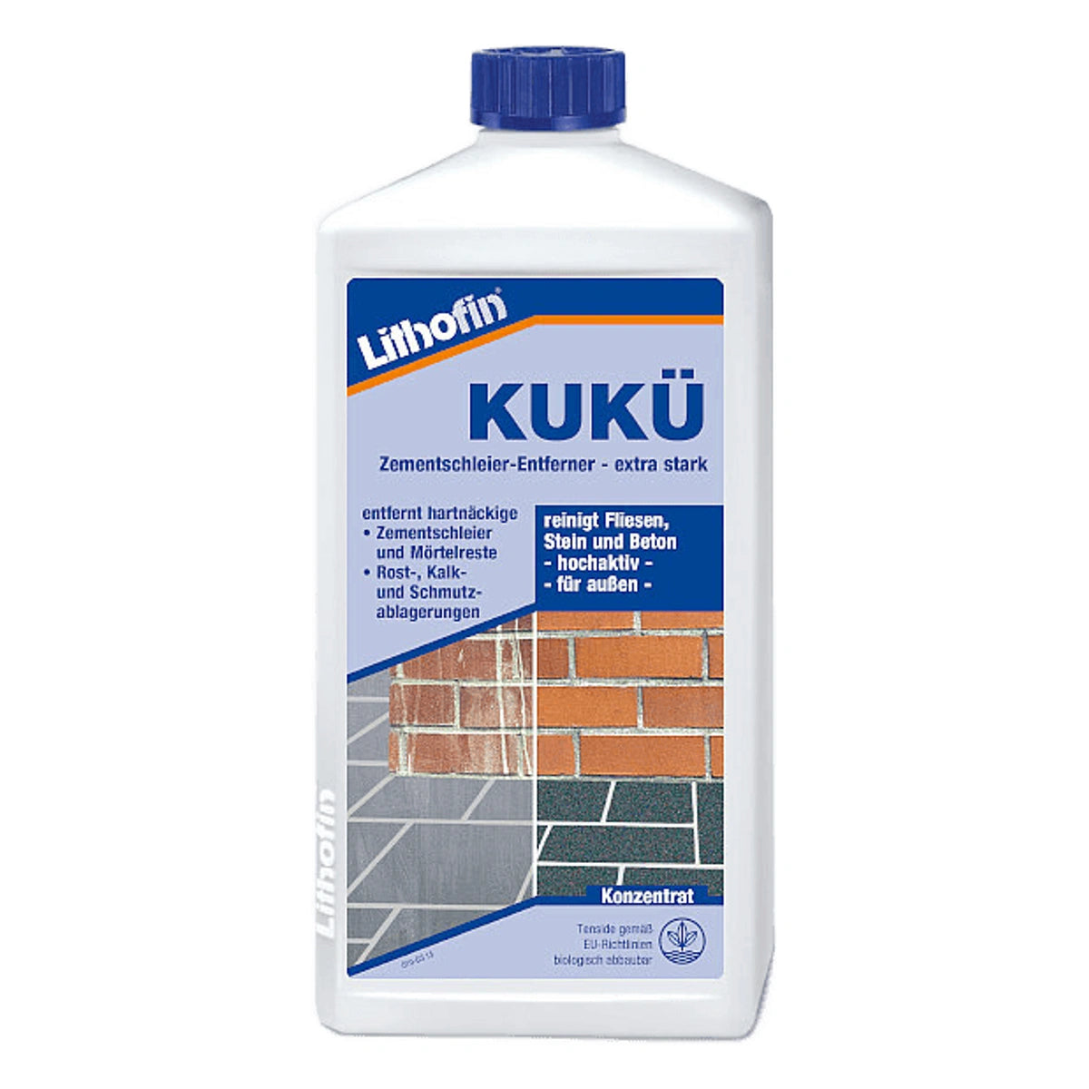 Fles Lithofin CEMENT-AWAY, krachtige cementsluierverwijderaar voor steen- en betonnen oppervlakken.