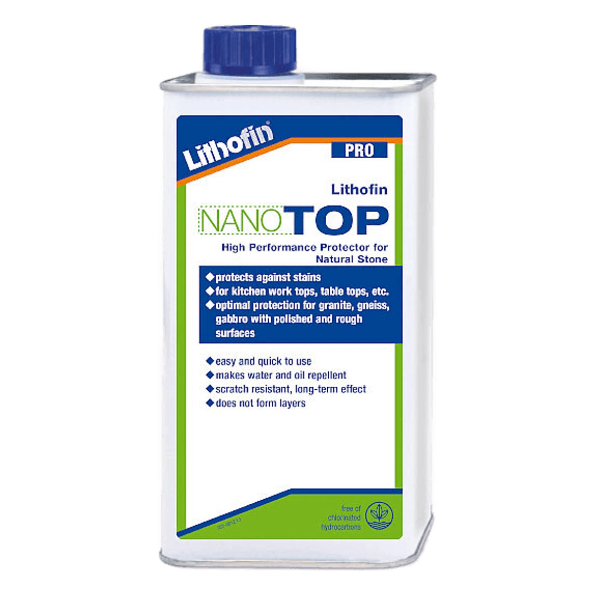 Lithofin NanoTOP steenafdichting in een vierkante fles, bescherming voor natuursteen.