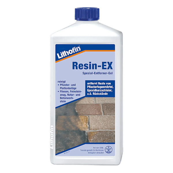 Fles Lithofin Resin-EX speciale harsverwijderaar voor steen, bestrating en metselwerk.