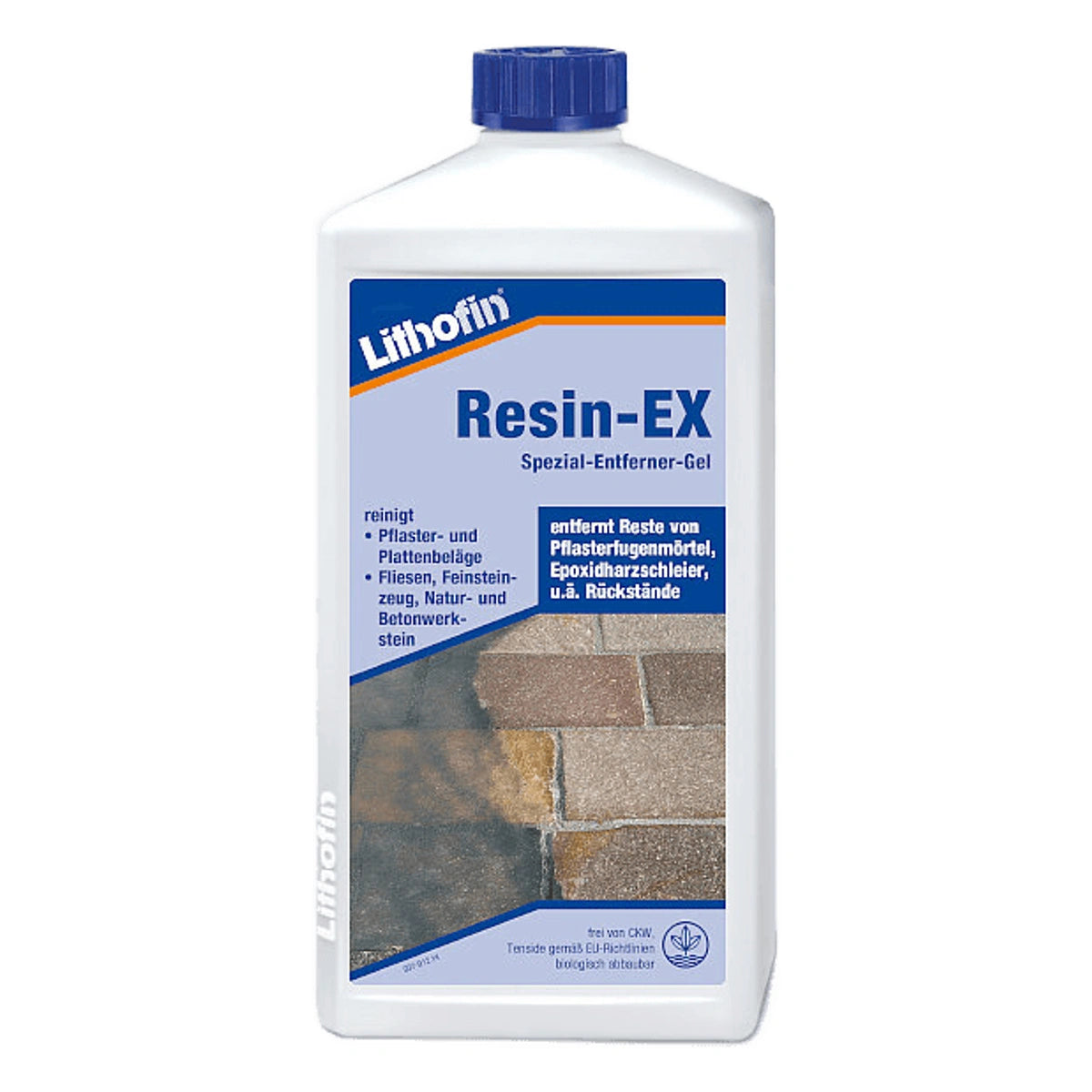 Fles Lithofin Resin-EX speciale harsverwijderaar voor steen, bestrating en metselwerk.
