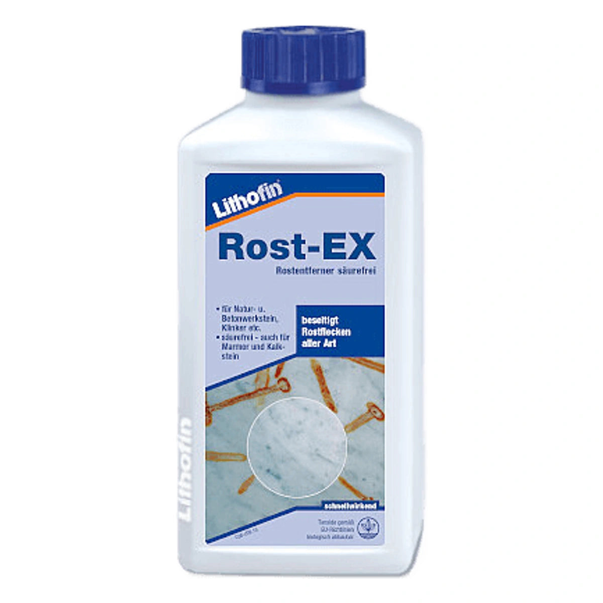Witte fles Lithofin Rust-EX, roestvlekverwijderaar voor natuur- en kunststeen.