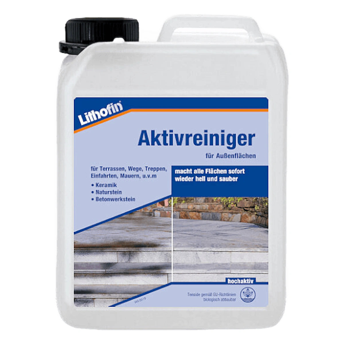 Lithofin Aktivreiniger: Steenreiniger in een witte plastic fles.