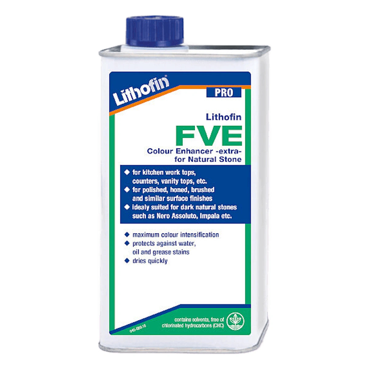 Lithofin FVE: Kleurversterker voor steen in een blauwe fles. Zorgt voor maximale kleurintensiteit.