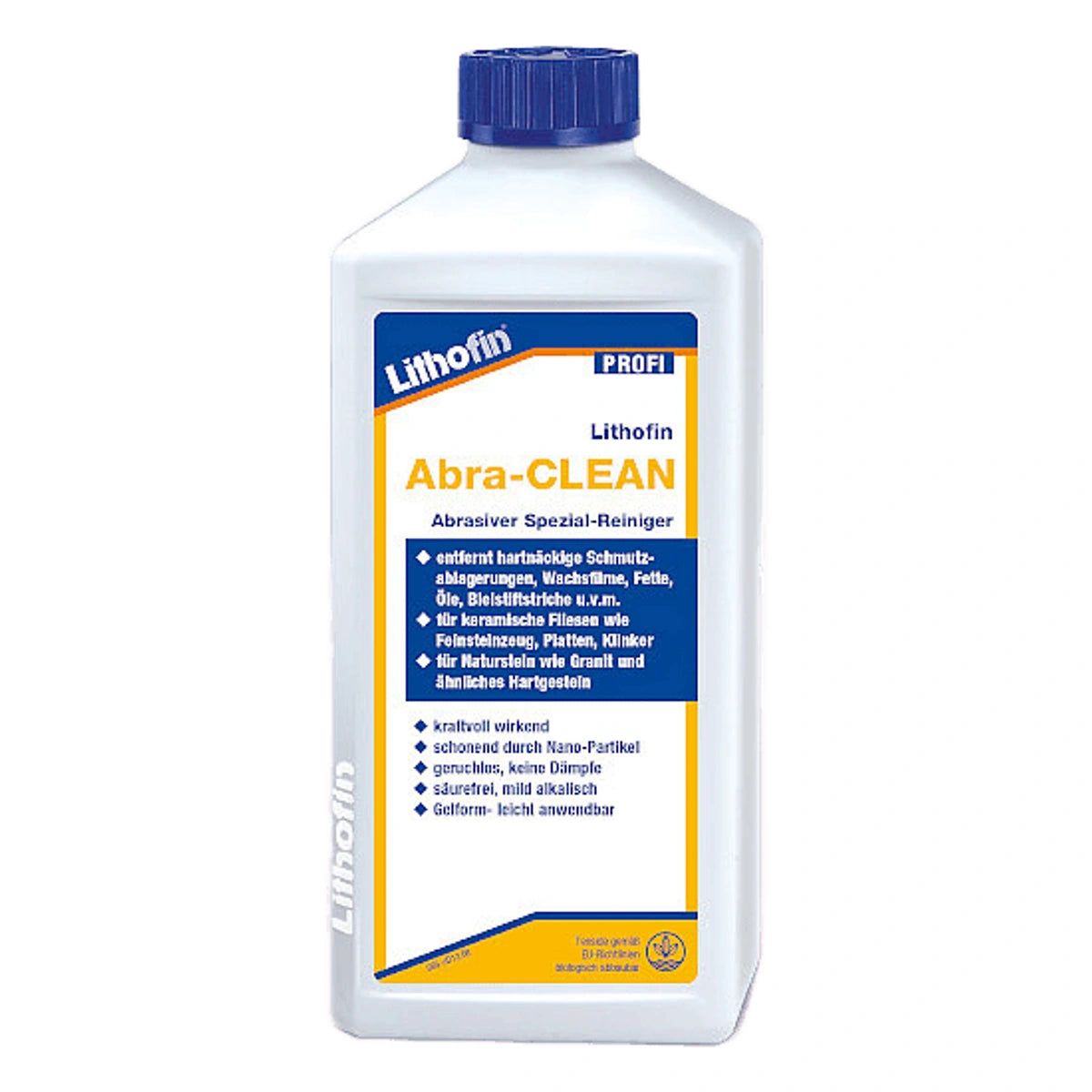Witte fles Lithofin Abra-CLEAN, reinigingsproduct voor steenoppervlakken.