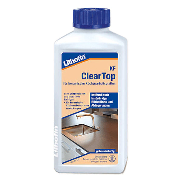 Fles Lithofin KF ClearTop steenzorgproduct voor duurzame keukenbladen.