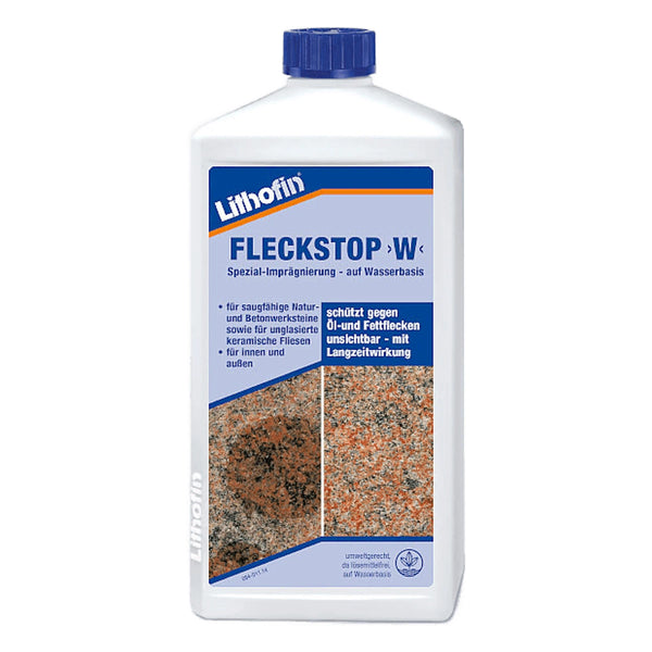 Fles Lithofin STAINSTOP >W<, steenzorgproduct dat beschermt tegen vlekken en vuil.