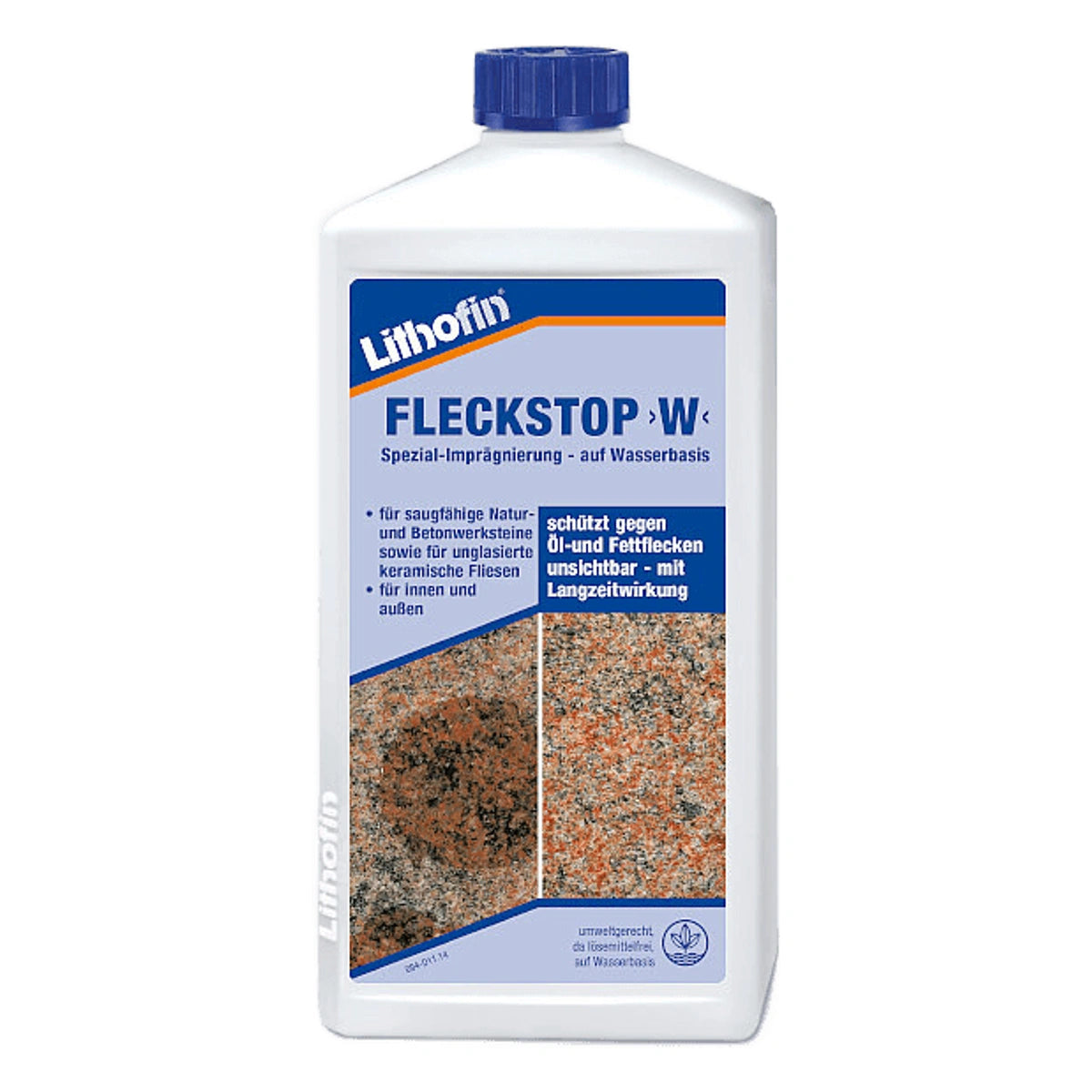 Fles Lithofin STAINSTOP >W<, steenzorgproduct dat beschermt tegen vlekken en vuil.