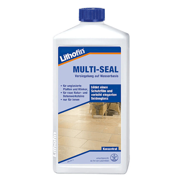 Fles Lithofin MULTI-SEAL steenzeal, een watergebaseerd concentraat voor binnenoppervlakken.