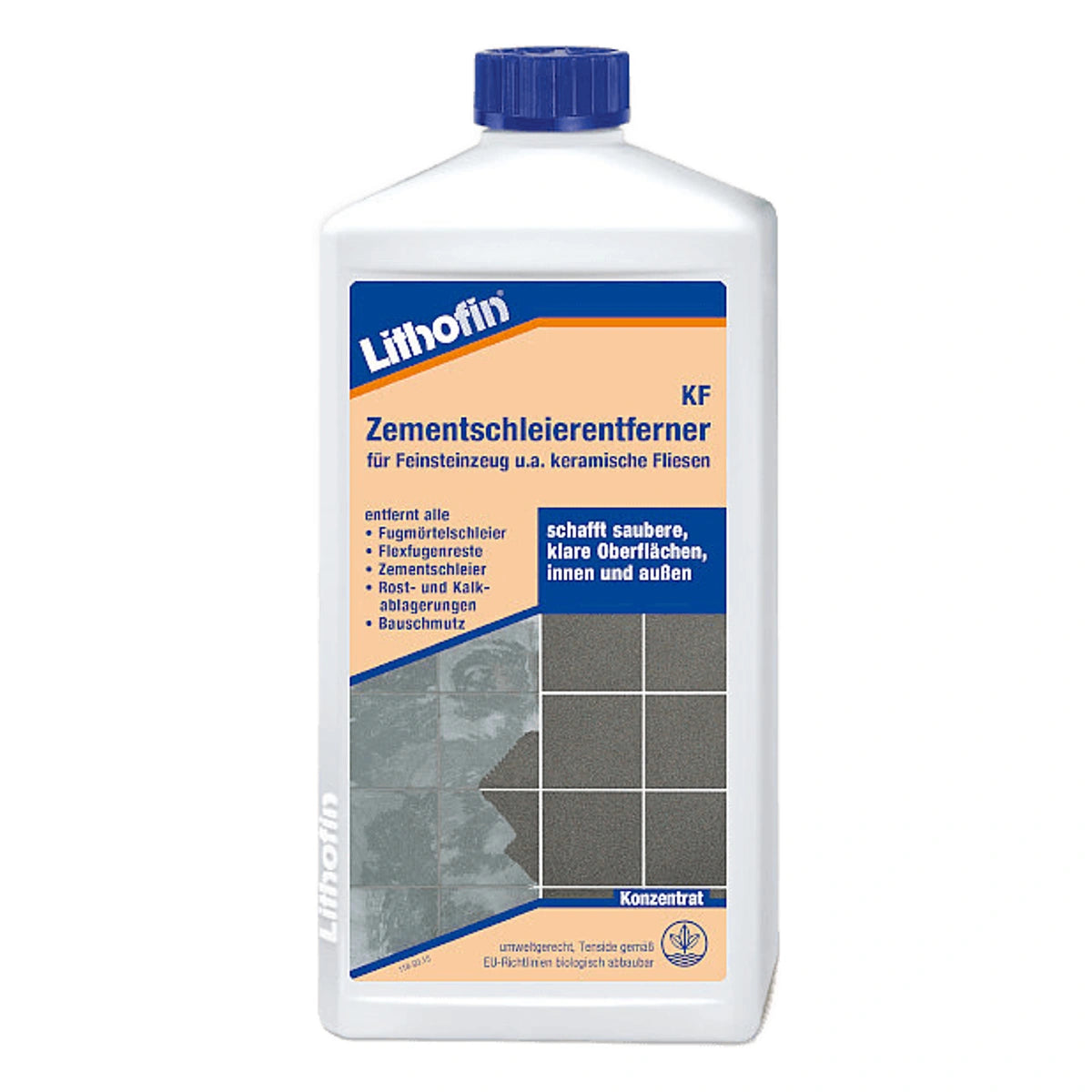 Fles Lithofin KF Cementsluierverwijderaar, een steenzorgproduct.
