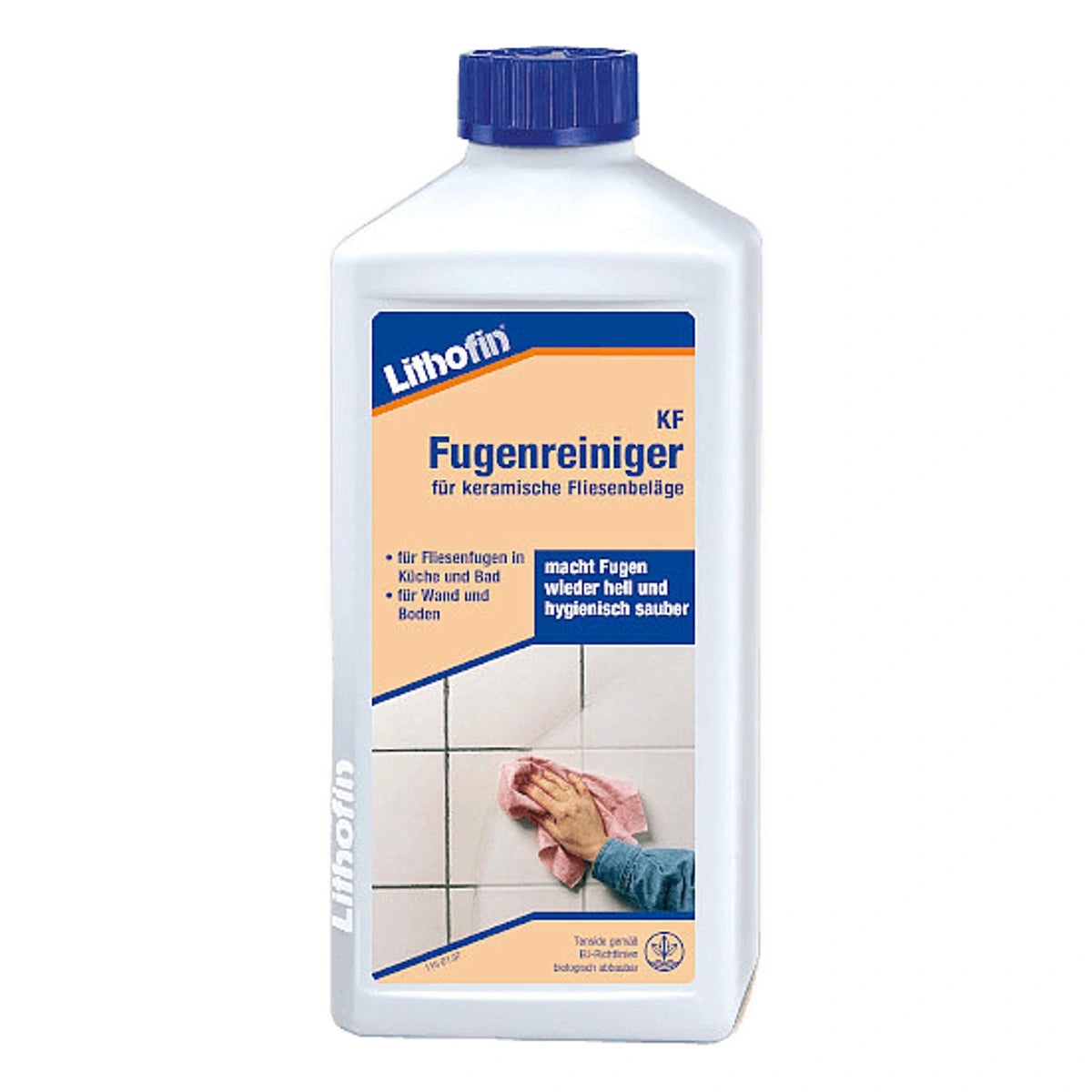 Fles Lithofin KF Voegreiniger, een steenzorgproduct voor het reinigen van tegelvoegen.