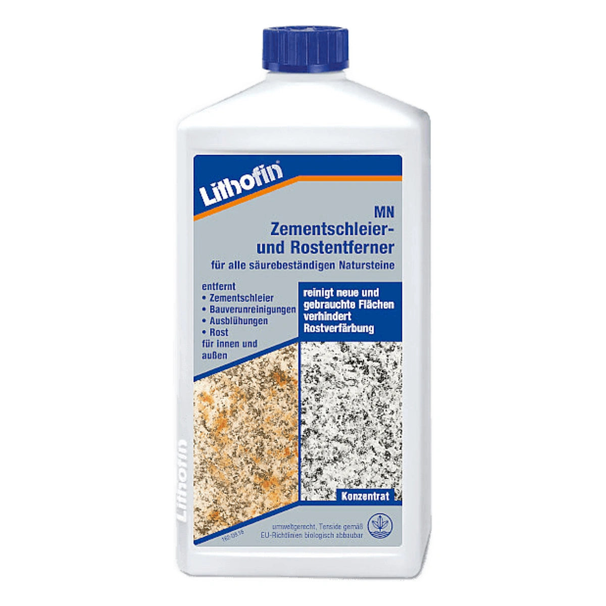 Lithofin MN Builders' Clean fles. Steenzorgproduct voor het verwijderen van cementresten en roestvlekken.