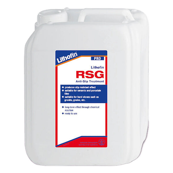 Lithofin RSG in witte plastic fles. Steenverzorgingsproduct voor verhoogde slipweerstand.