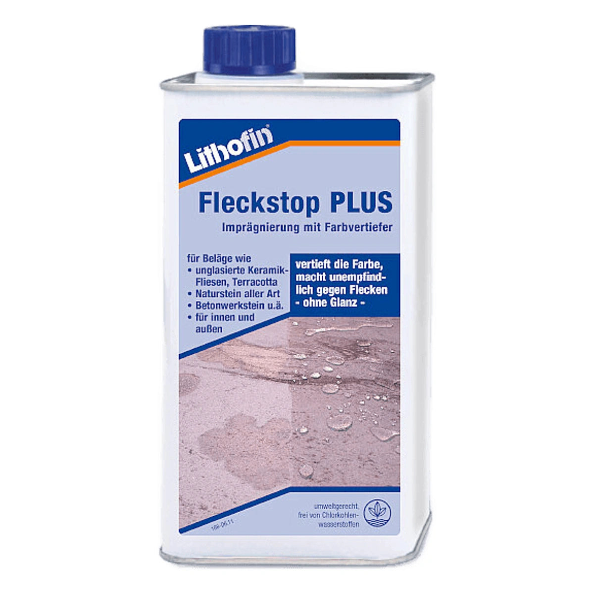 Lithofin Stainstop PLUS vlekafstotend product in fles voor steenverzorging en bescherming.