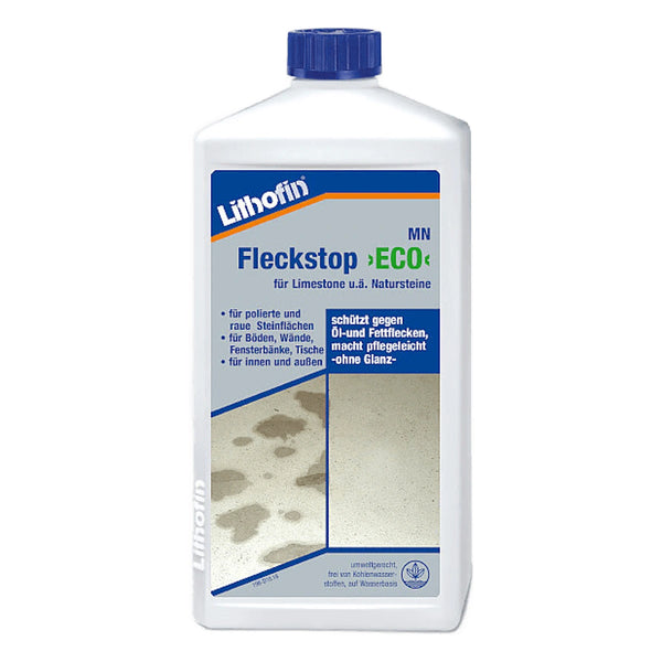 Witte fles Lithofin MN Stain-Stop >ECO<, een steenverzorgingsproduct voor vlekbescherming en afdichting.