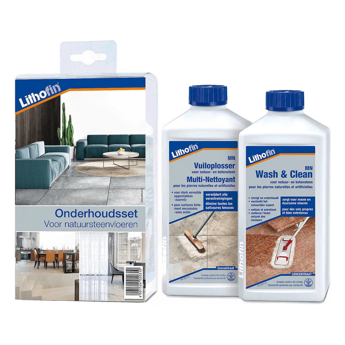 Lithofin Onderhoudsset Natuursteen Vloeren, een vloeronderhoudsset met reiniger en verzorgingsproducten voor natuursteen.