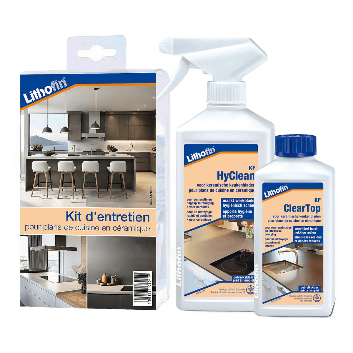 Lithofin Onderhoudsset Keramiek Werkbladen, set met spray en flessen voor keramische werkbladen.