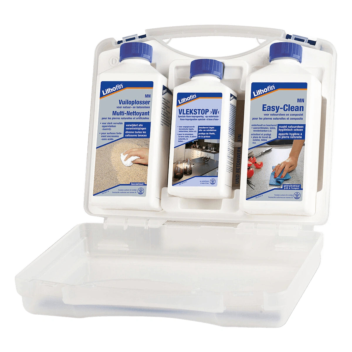 Lithofin Pflege-Set Natuursteen Keuken, steenverzorgingsset met drie flessen in witte plastic container.