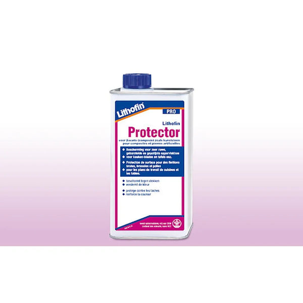 Flaske med Lithofin PRO Protector Composiet >W<, et stenplejeprodukt.