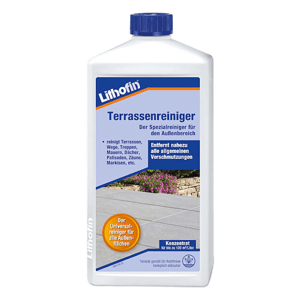 Fles Lithofin Terrassenreiniger, een reiniger voor buitensteen terrassen, patio's en balkons.