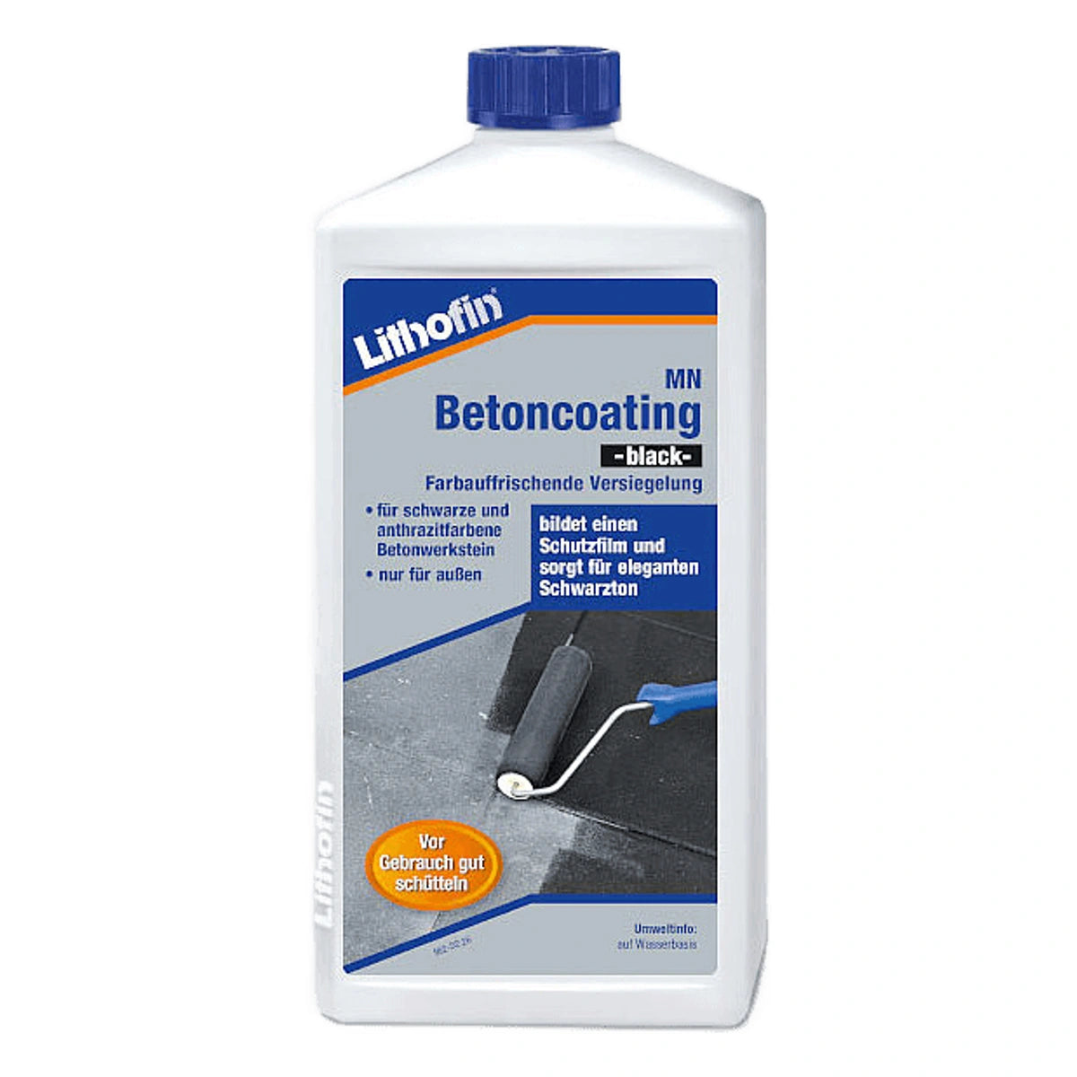 Witte fles Lithofin MN Betoncoating -zwart- betonnen afdichtmiddel voor steenverzorging.