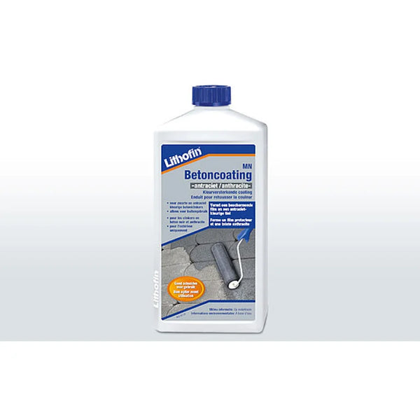 Fles Lithofin MN Betoncoating Antraciet, een steenzorgproduct.